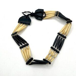 Vintage Tribal Bone & Wood Beaded Choker Necklace Black Tan Boho Ethnic Rustic